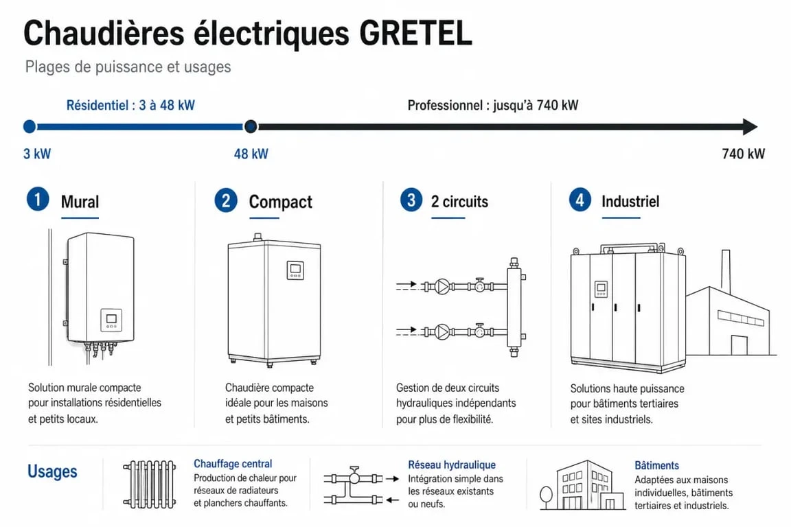 Chaudière électrique GRETEL : illustration éditoriale des puissances et usages en résidentiel et professionnel