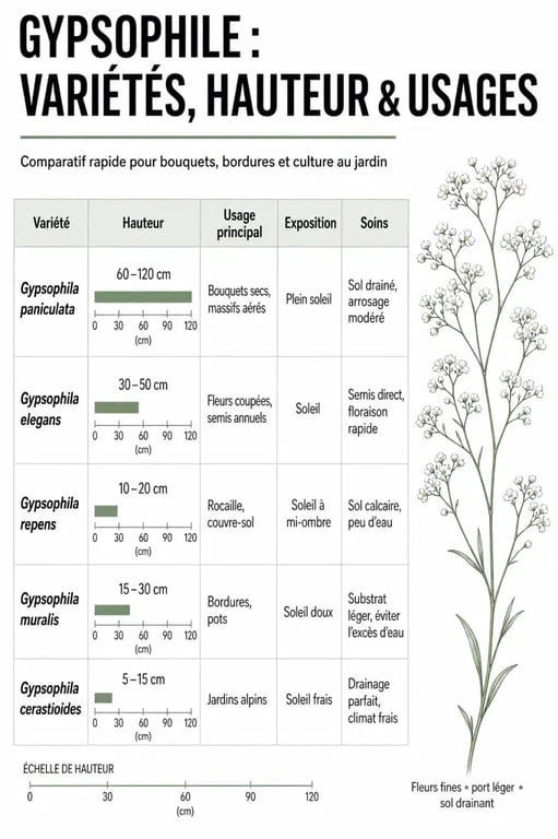 Tableau comparatif des variétés de gypsophile fleur pour le jardin et les bouquets