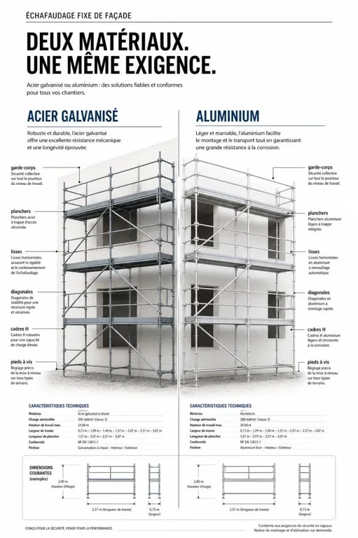 Échafaudage fixe : comparaison visuelle acier galvanisé et aluminium avec composants clés