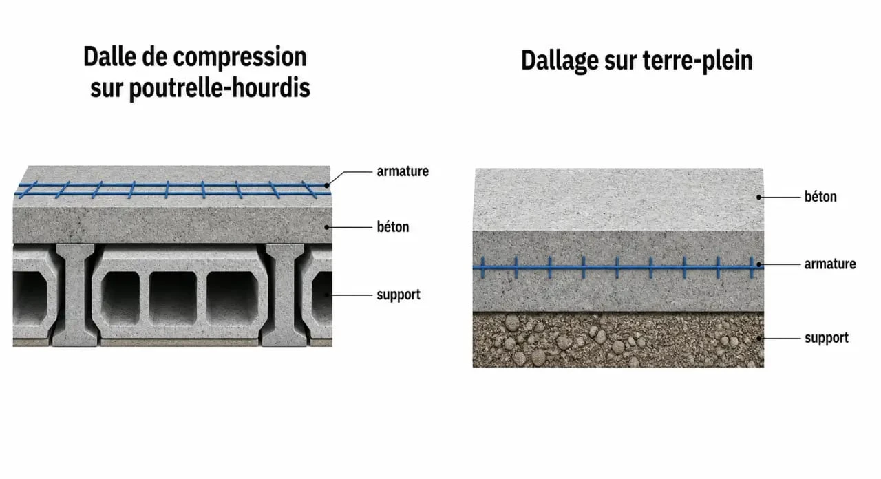 Treillis soudé pour dalle : schéma comparatif d’une dalle de compression et d’un dallage sur terre-plein