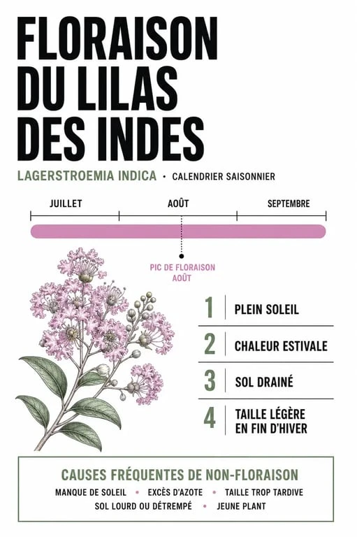 Lila des indes floraison : calendrier saisonnier et conditions clés du lilas des Indes