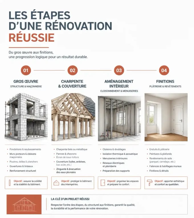 Infographie des étapes de rénovation et des métiers du compagnonnage