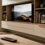 Meuble bibliothèque TV 140 cm blanc chêne fixé au mur, rangements ouverts et fermés