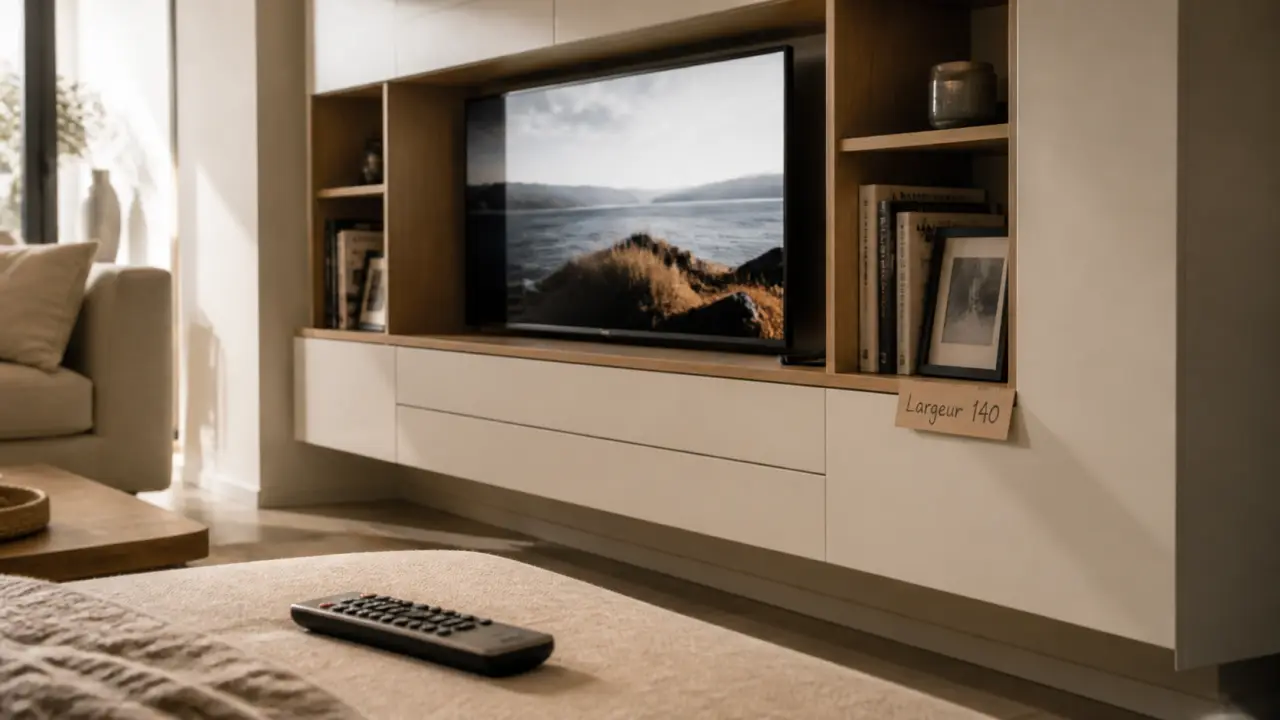 Meuble bibliothèque TV 140 cm blanc chêne fixé au mur, rangements ouverts et fermés