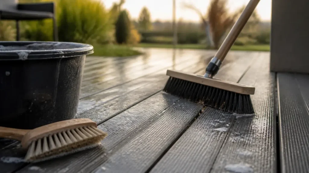 Nettoyer une terrasse en composite sans l’abîmer : eau savonneuse, dépôts verts et haute pression à éviter