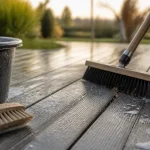 Nettoyer terrasse en composite avec eau savonneuse et brosse douce