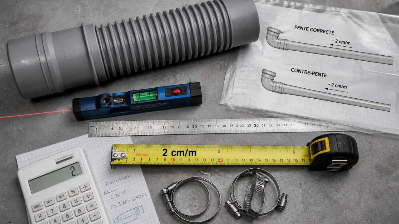 Pente évacuation eaux usées : mesure 1 à 3 cm/m pour évacuation
