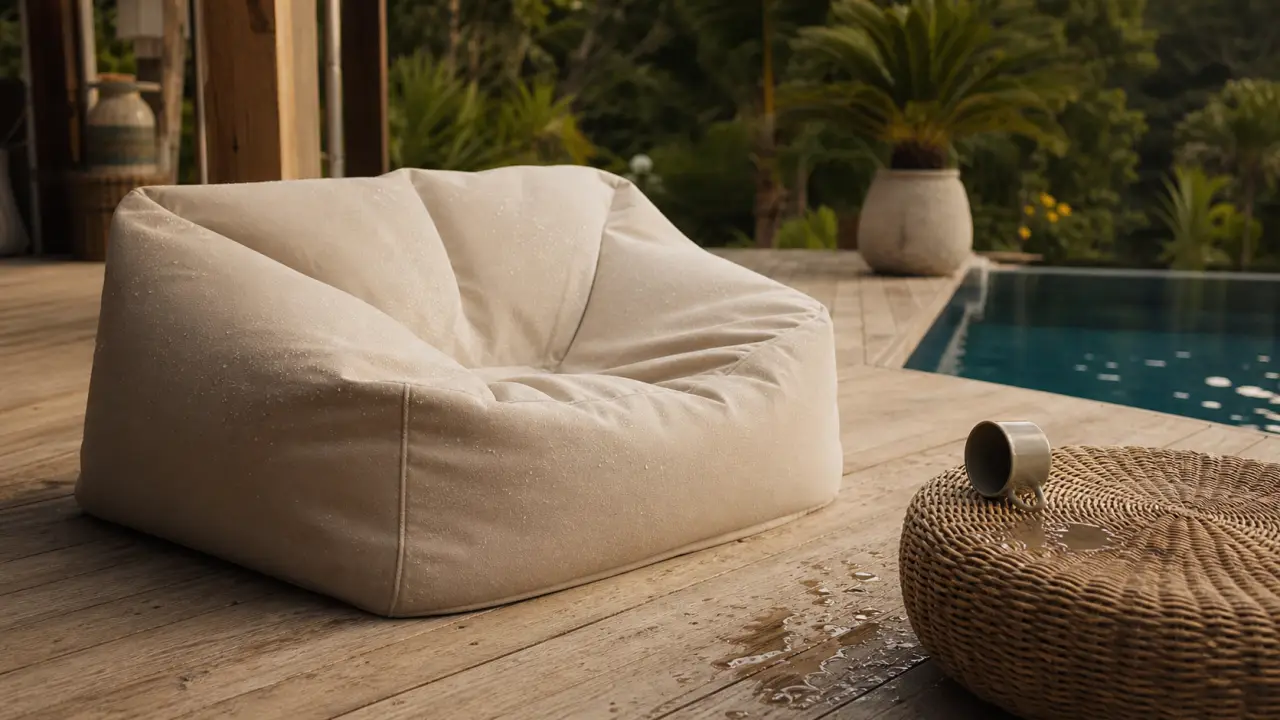 Pouffe exterieur XL beige sur terrasse bois, vue côté, gouttelettes