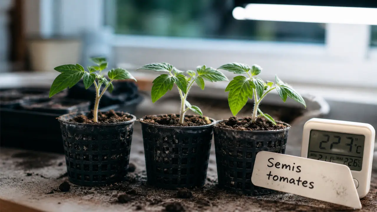Quand semis tomates en mars : plants verts, terreau, thermomètre, lumière
