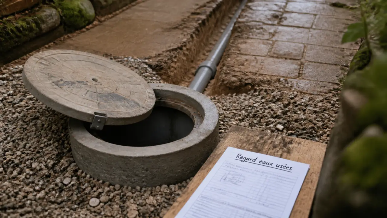 Regard de visite pour eaux usées en béton, couvercle et raccordement PVC