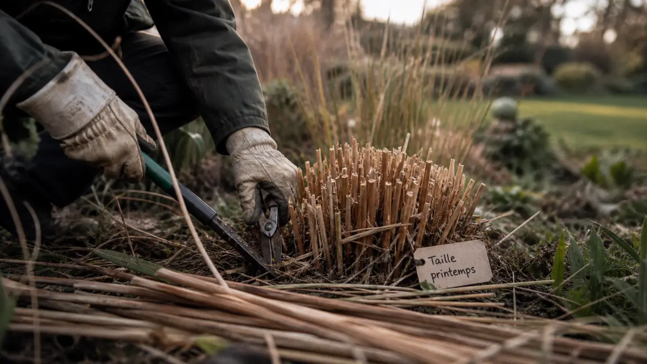 Taille pampa au printemps : herbe de la pampa coupée au ras du sol