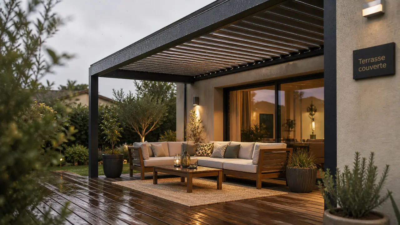 Terrasse couverte maison sous pergola aluminium contemporaine
