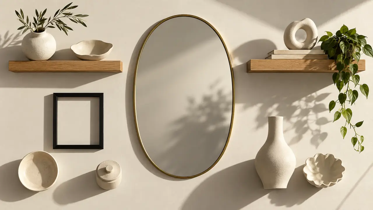 Décorer mur blanc : miroir ovale et étagères flottantes, relief minimal