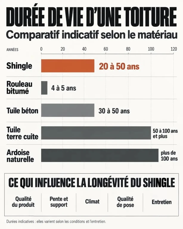 Infographie sur la durée de vie d'une toiture en shingle comparée aux tuiles, à l'ardoise et au rouleau bitumé