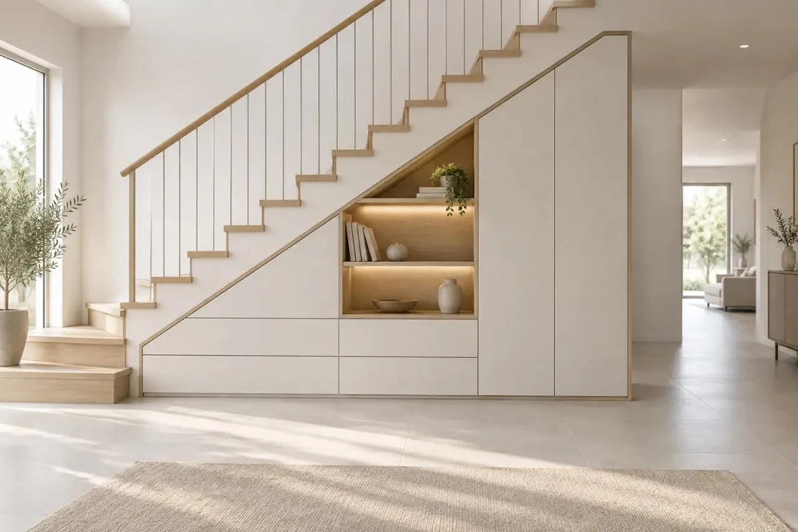 Aménagement sous escalier ouvert combinant tiroirs, portes battantes et niche éclairée