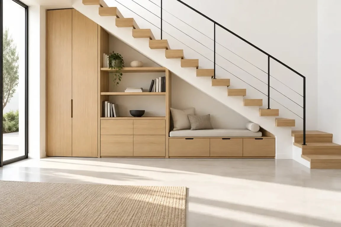 Aménagement sous escalier ouvert avec rangement, banquette et étagères selon la hauteur