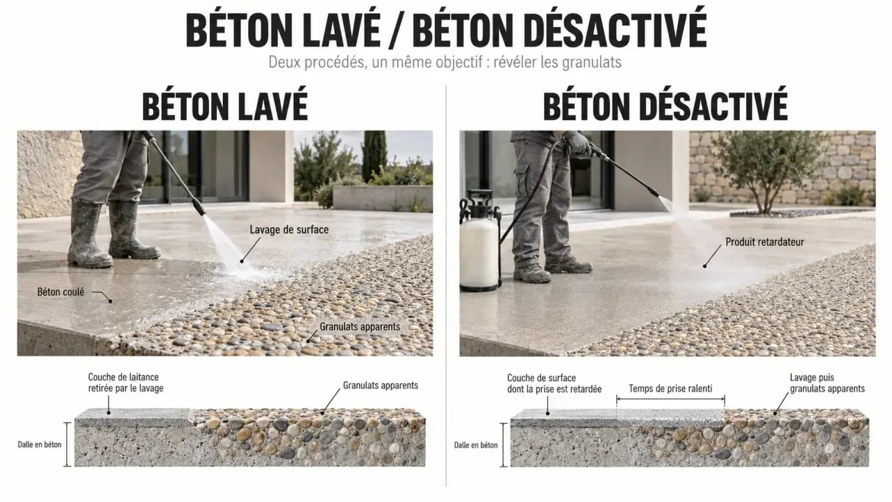 Infographie comparative du béton lavé et du béton désactivé
