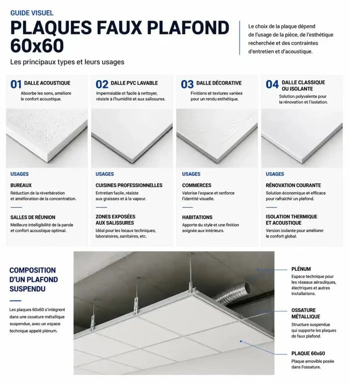 Infographie des types de plaque faux plafond 60x60 selon les usages