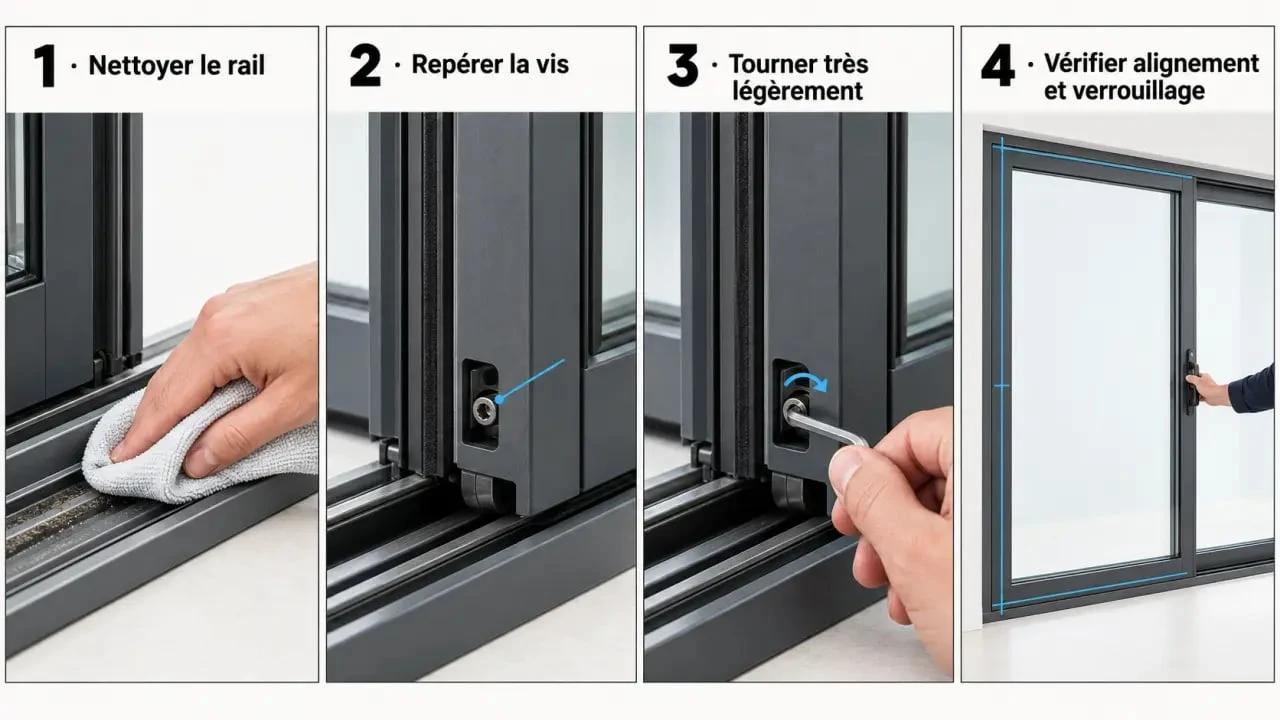 Illustration des étapes du réglage baie coulissante aluminium, du nettoyage du rail au contrôle de l’alignement
