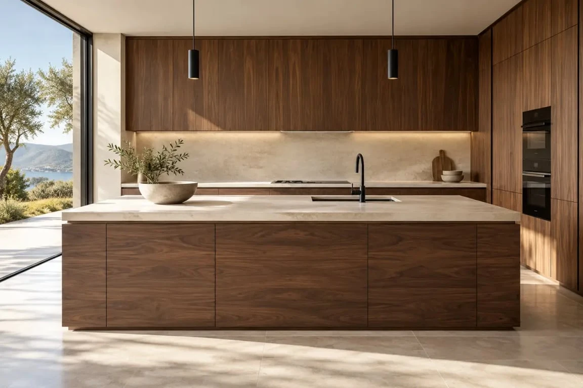 Cuisine noyer contemporaine avec plan de travail clair et lumière naturelle