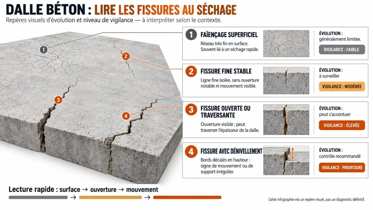 Infographie des types de fissures d'une dalle béton qui fissure au séchage