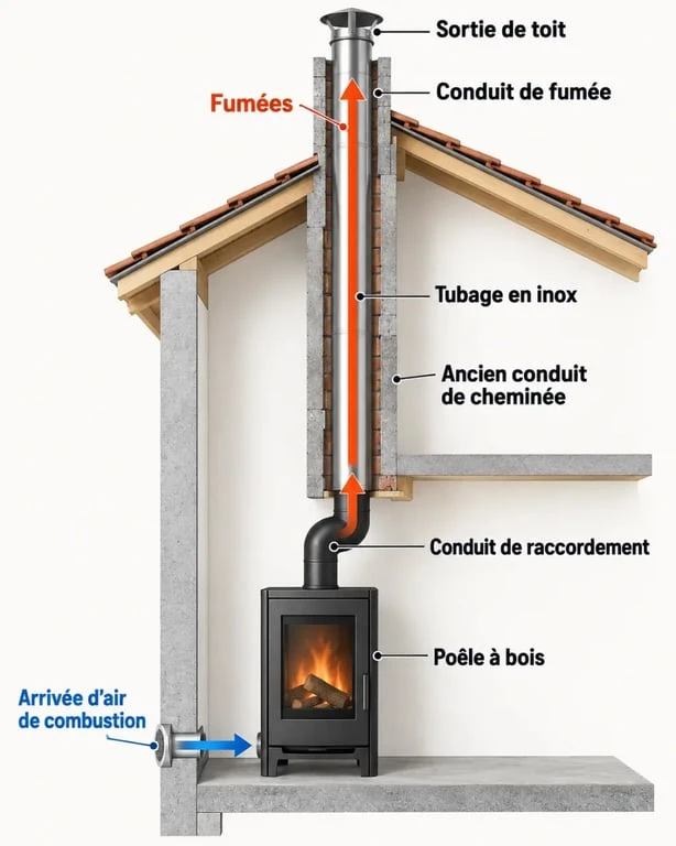 Schéma du poêle à bois et du poele a bois tubage avec parcours des fumées, conduit de raccordement et sortie de toit