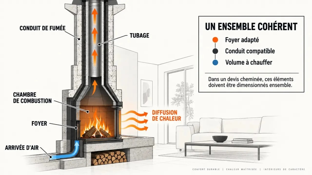 Schéma du foyer et du conduit à vérifier dans un devis pour cheminée