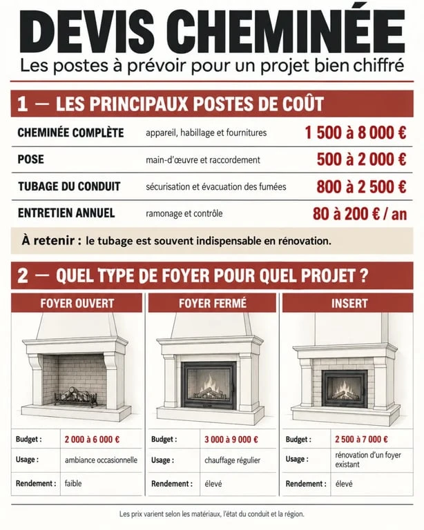 Infographie des prix d’un devis pour cheminée selon la pose, le tubage et le type de foyer