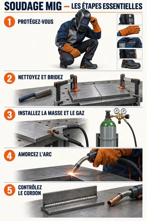 Étapes illustrées pour souder au MIG avec préparation des pièces, réglage du poste et réalisation d’un cordon