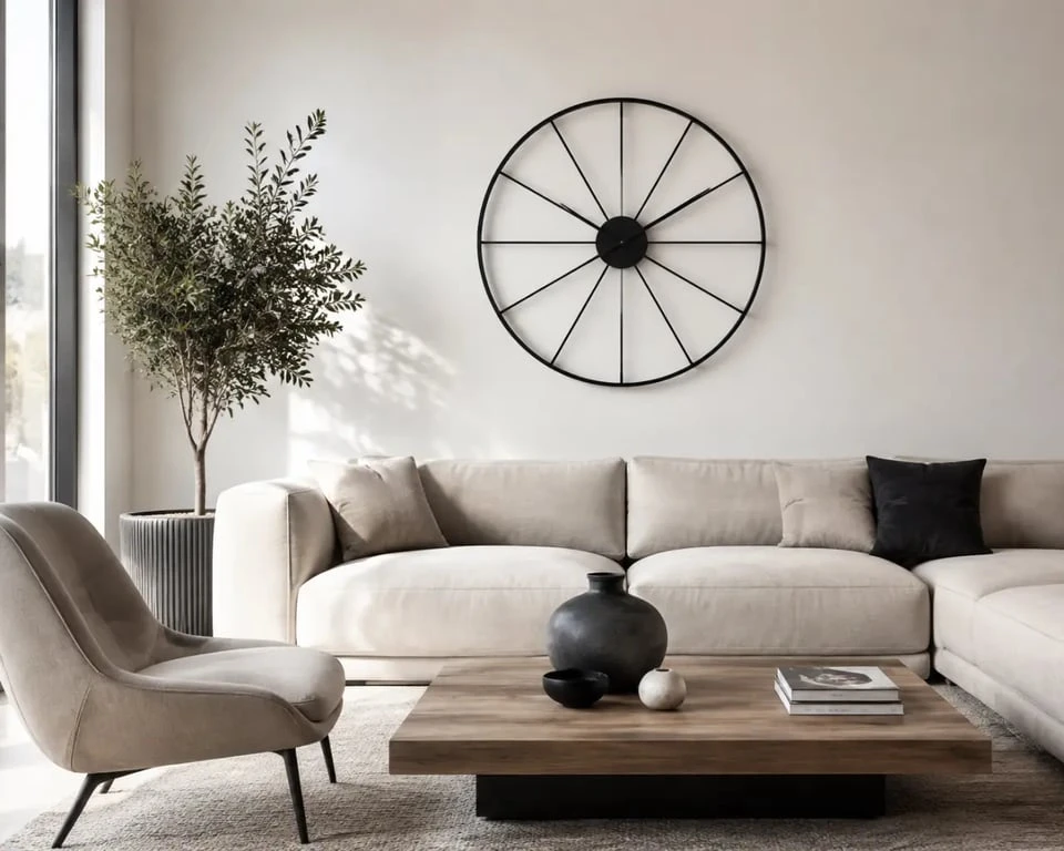 Horloges design dans un salon contemporain avec décoration chaleureuse et mur dégagé