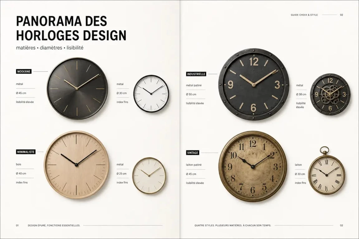 Horloges design comparées par style, matière, diamètre et niveau sonore dans une composition éditoriale