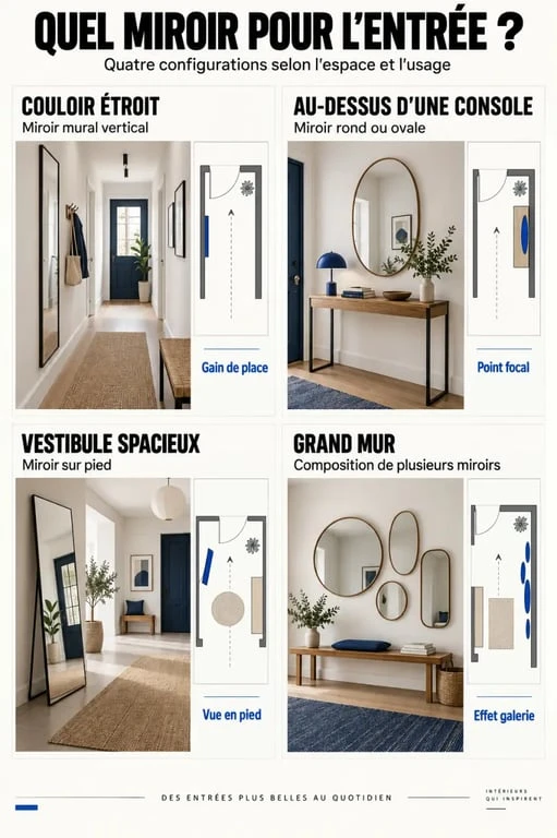 Infographie comparative des formats de miroir d'entrée selon la configuration du hall