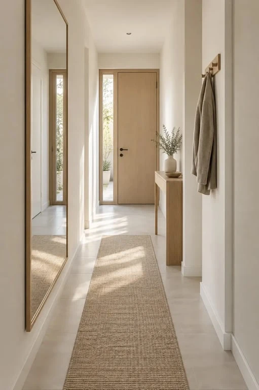 Miroir d'entrée vertical dans un couloir étroit, augmentant la profondeur et la luminosité