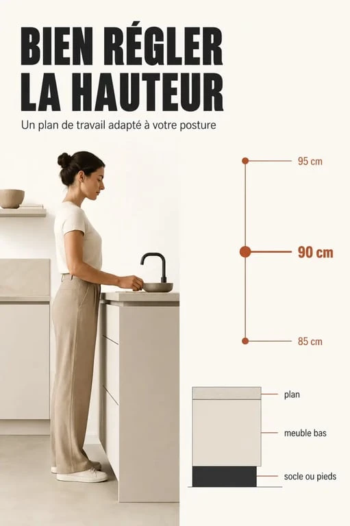 Infographie sur la hauteur plan de travail cuisine, avec repères de 85, 90 et 95 cm et posture ergonomique