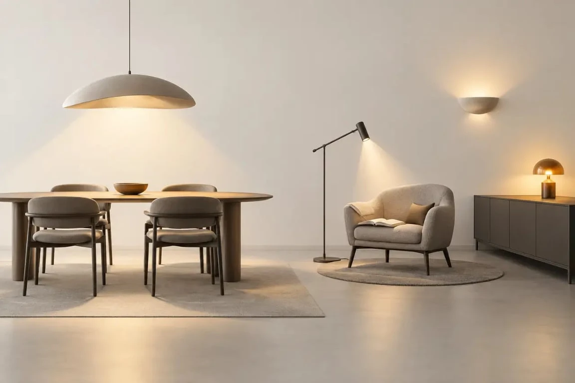 Luminaire design dans un salon avec éclairage général, fonctionnel et d’ambiance