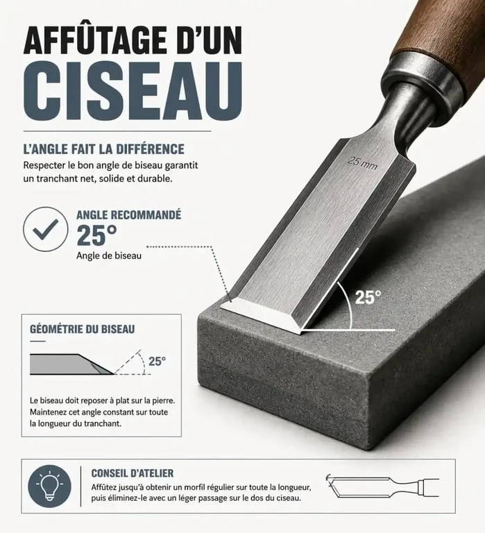 Technique d'affûtage d'un ciseau à bois sur pierre à eau