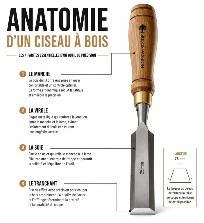 Anatomie et composants d'un ciseau à bois professionnel