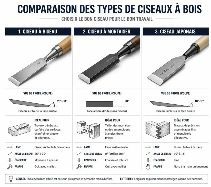 Comparatif des différents types de ciseaux à bois : biseauté, bédane et japonais