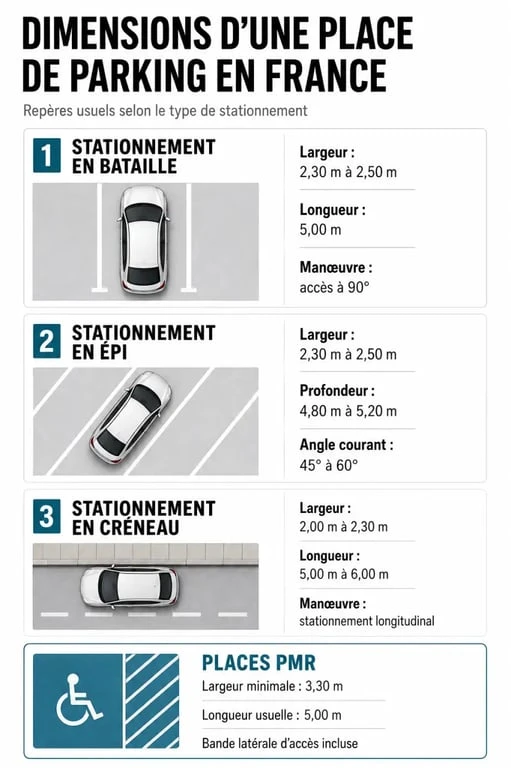 Place de parking dimension : comparatif des dimensions standard en bataille, en épi, en créneau et PMR