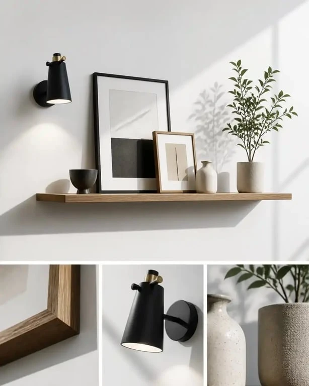 Décorer un mur blanc avec étagères, cadres, plantes et éclairage