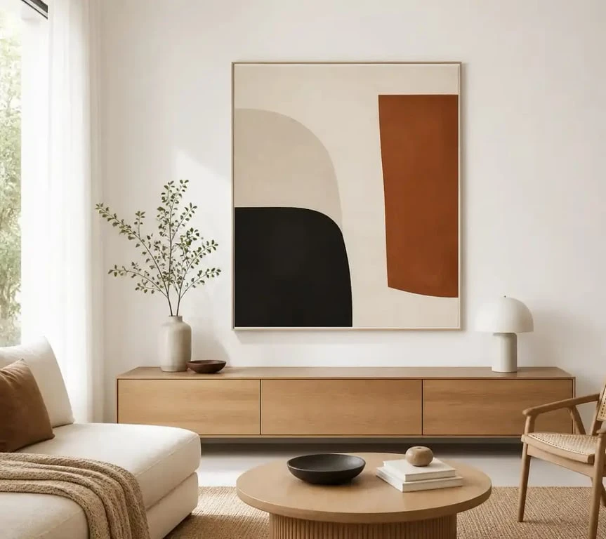 Idée pour decorer mur blanc dans un salon avec une pièce maîtresse