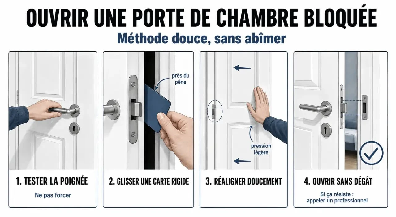 Comment ouvrir une porte de chambre bloquée : gestes pour diagnostiquer le blocage et repousser le pêne sans abîmer la serrure