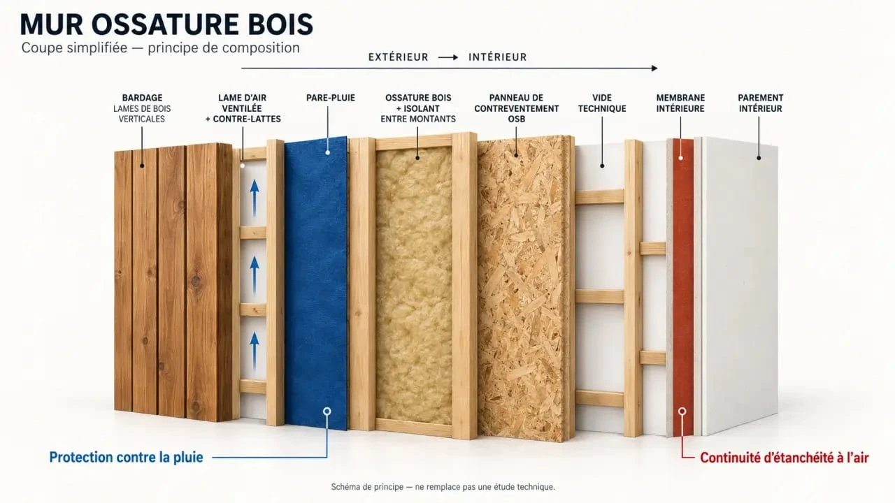 Schéma simplifié de la composition d’un mur ossature bois et de ses couches de protection contre l’humidité