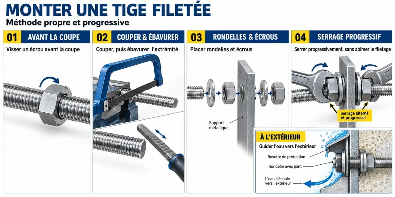 Étapes de montage et de coupe d'une tige filetée 8 mm sans abîmer le filetage