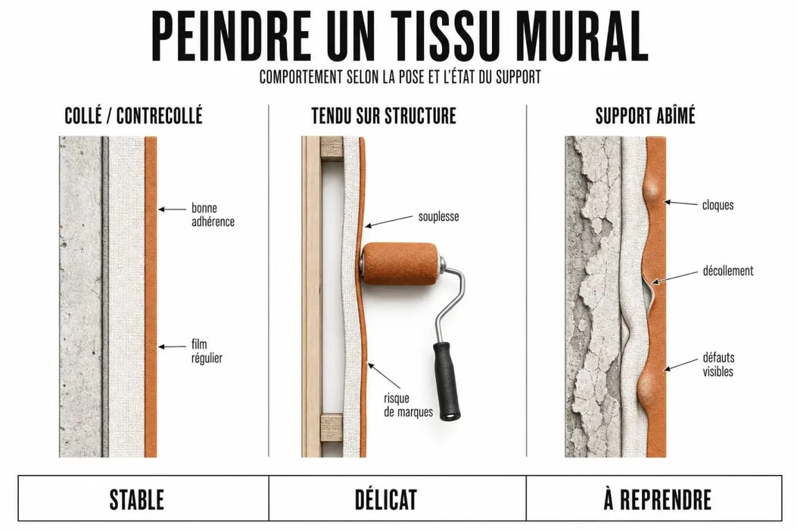 Peindre du tissu mural : comparaison entre tissu collé, contrecollé et tendu