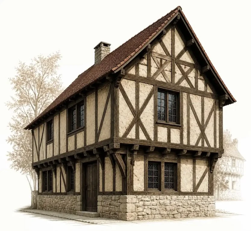 Maison en colombages montrant l’ossature en bois, le torchis et les motifs géométriques de façade