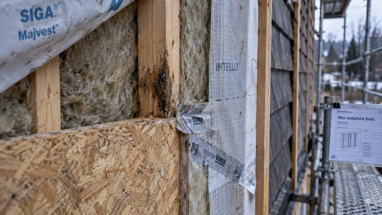 Mur ossature bois avec humidité sur bois et OSB 3