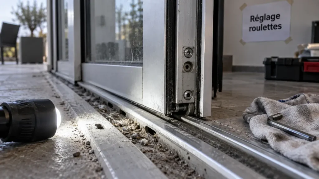 Réglez une baie coulissante aluminium sans forcer, du faux niveau au rail défectueux