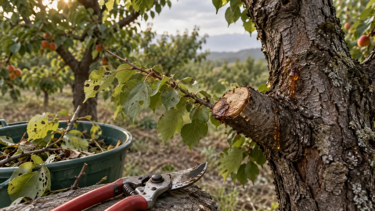 Traitement abricotier : sécateur sur abricotier, jeunes feuilles