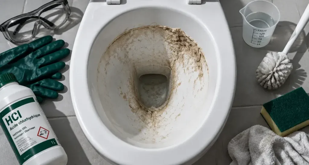 Acide chlorhydrique dans les toilettes : efficace contre le tartre, dangereux s’il est mal utilisé